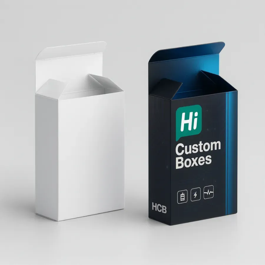 Open custom cell phone battery boxes- showing a plain white folding carton and a dark blue-black branded box with -Hi Custom Boxes- logo and electronic icons class=